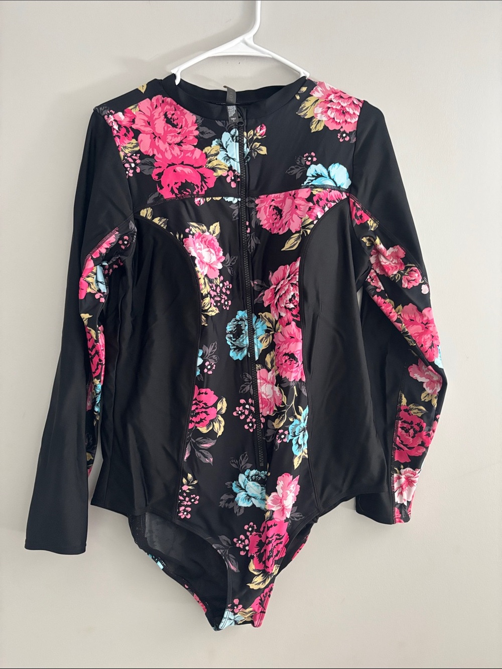 torrid Black Floral Long-Sleeve Zip Front One-Piece Swimsuit
